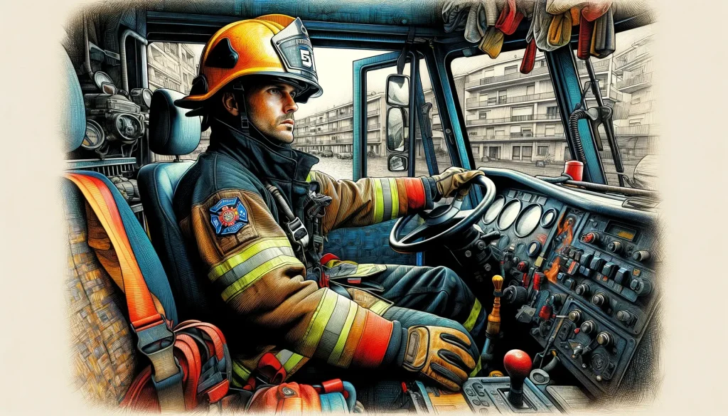 un bombero conductor especialista de Madrid y español dentro de un camión de bomberos