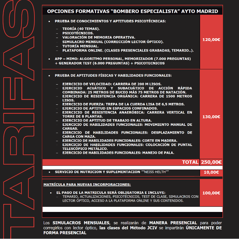 tarifas de integral formacion bomberos ayuntamiento madrid